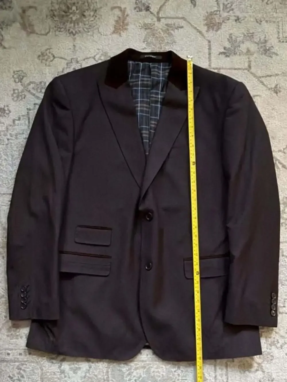 STATEMENT Brown Blazer Sport Coat with Velvet Collar and Plaid Lining